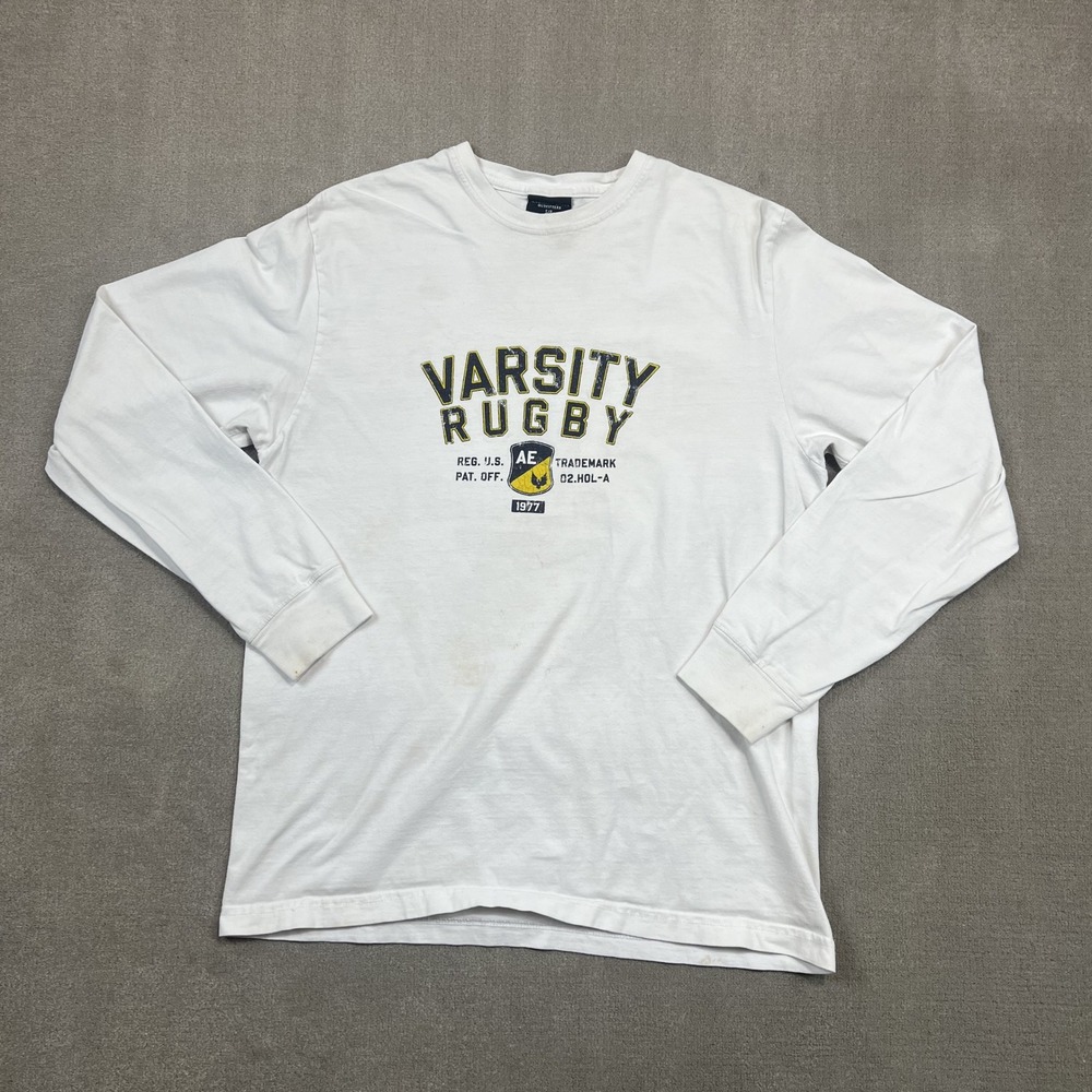 American Eagle T-Shirt Mens Small White Varsity Rugby Long Sleeve Graphic Tee
